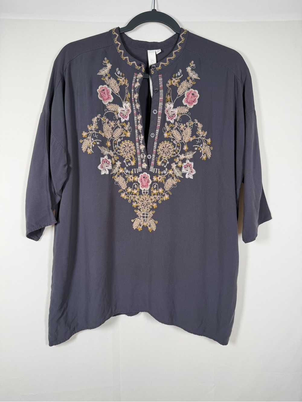 grand & greene Charcoal Embroidered V-Neck Tunic with Pink Accents Boho, Floral
